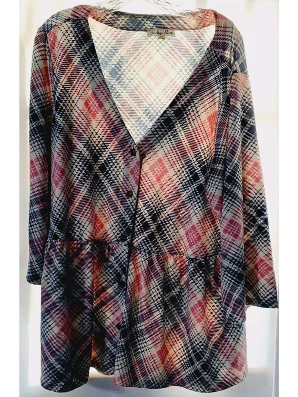 Indigo Rose Shirt Floral Peplum Button Front Plaid Multi-colored Size 3X